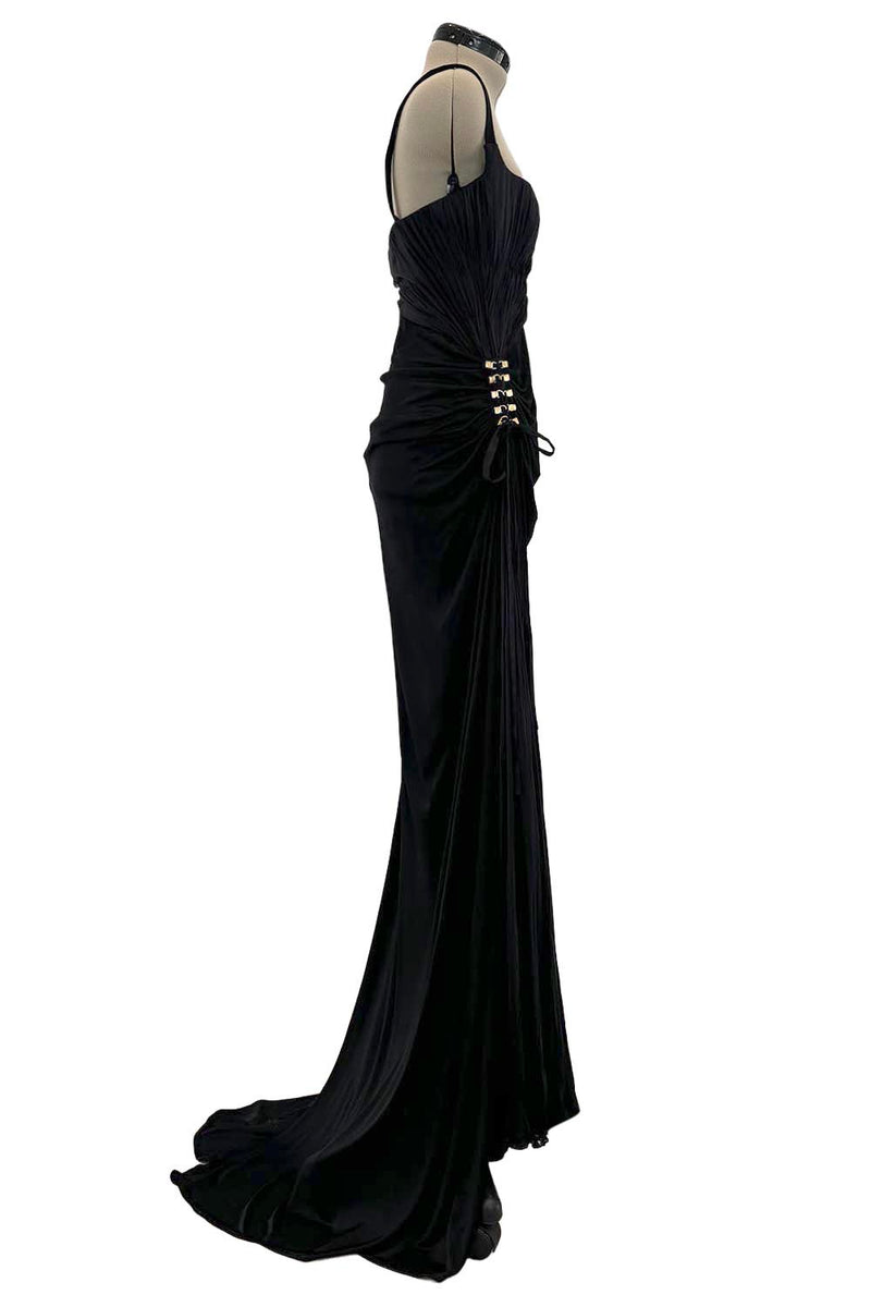 Outstanding Spring 2006 Roberto Cavalli Black Silky Jersey Corset Bodice Dress w Gold Hardware Detailing