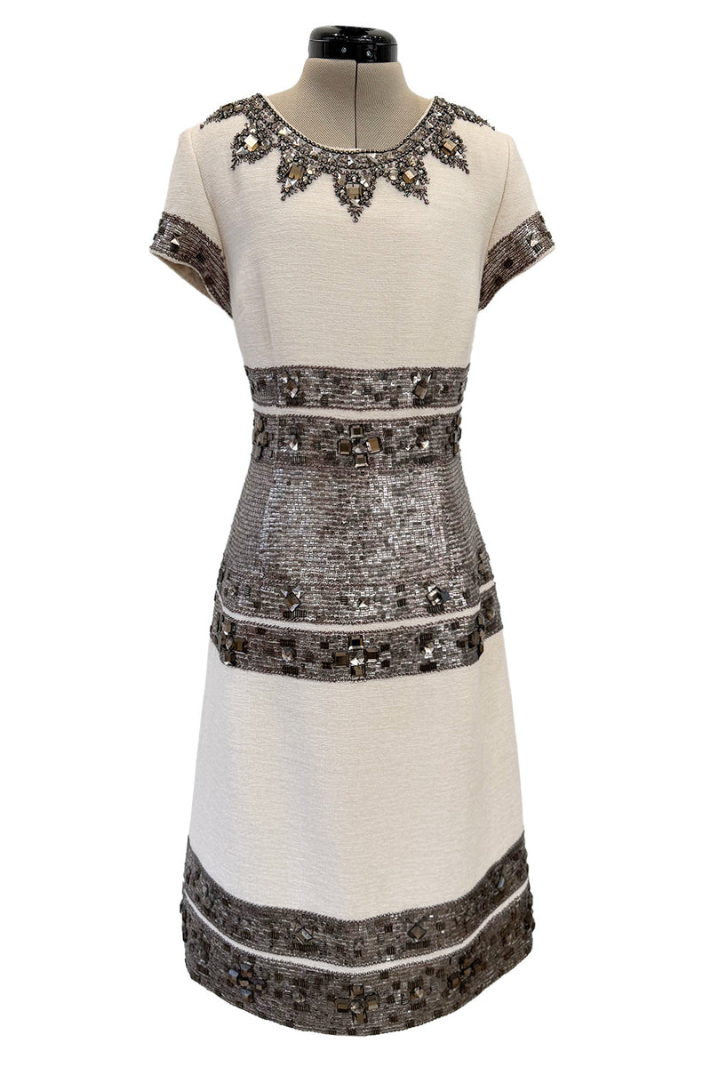 Superb Fall 2007 Oscar de la Renta Runway Look 38 Sequin & Bead on Ivory Boucle Wool Runway Dress