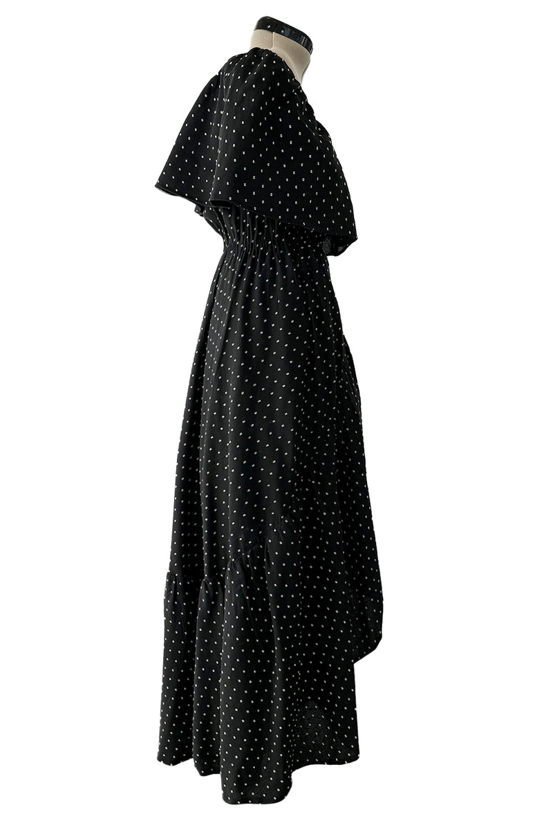 Dreamy 1981 Halston White Embroidered Dot on Black Wrap Off Shoulder Dress w Caped Neckline
