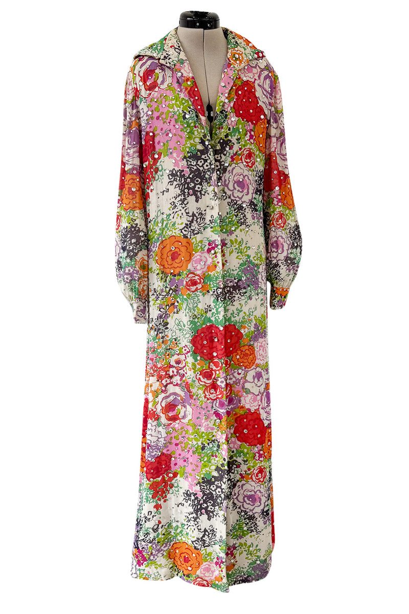 Beautiful Spring 1974 Pauline Trigere Runway Floral Print Dress w Rhinestone Detailing