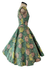 Gorgeous 1950s David Hart Organza Covered Cotton Floral Print Dress w Sequin Detailing