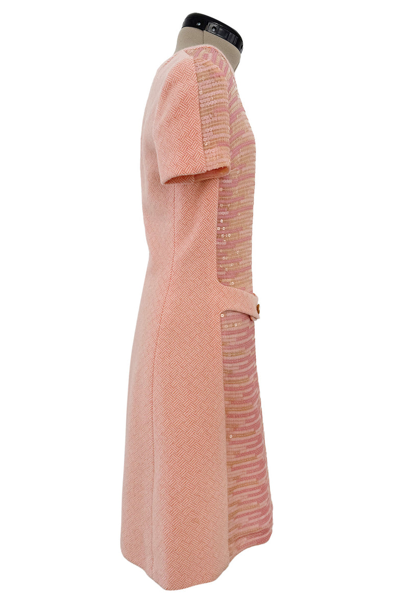 Chic Little Fall 2001 Chanel by Karl Lagerfeld Runway Pastel Pink Dress w Fully Sequin Front