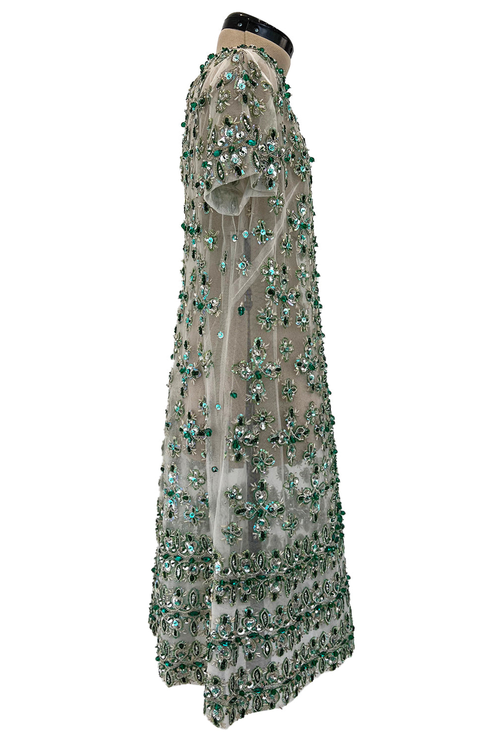 Extraordinary Unlabeled Net Pale Green Dress w Extensive Beading & Seq   Shrimpton Couture
