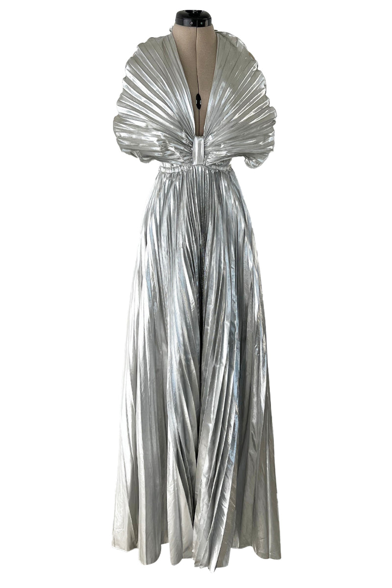 Exceptional 1970s Roland Klein Metallic Silver Lame Pleated Fan Dress w Completely Open Bare Back