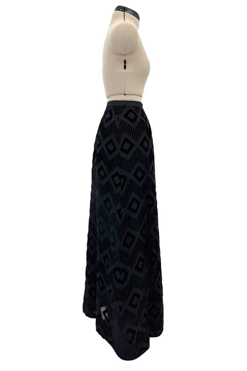Prettiest 1960s Pierre Balmain Full Length Fused Velvet in Black Silk Geometric Pattern Skirt