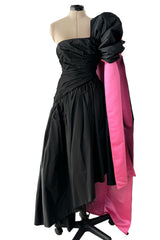 Striking 1980s Arnold Scaasi Couture Black Silk Strapless Dress w Pink Lined Half Bow & Shawl