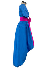 Prettiest 1980s Adele Simpson Blue Silk Plunge Wrap Dress w Brilliant Pink Sash & Caped Shoulders