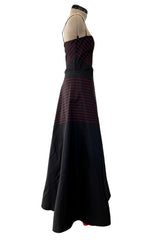 Exquisite Fall 1978 Stavropoulos Bias Cut Black Silk Dress w Red Striped Pattern & Red Underskirt