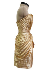 Outstanding Spring 1986 Thierry Mugler Pleated Metallic Gold Lurex Pleated Strapless Bodice 'Shell' Dress