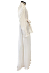 Amazing 1970s Yves Saint Laurent Silk Ivory Full Tent Dress w Belt, Ruffled Edges & Full Sleeves