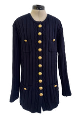 Fantastic 1980-90s Louis Feraud Deep Blue Cable Knit Cardigan Sweater w Metal Gold Tone Buttons