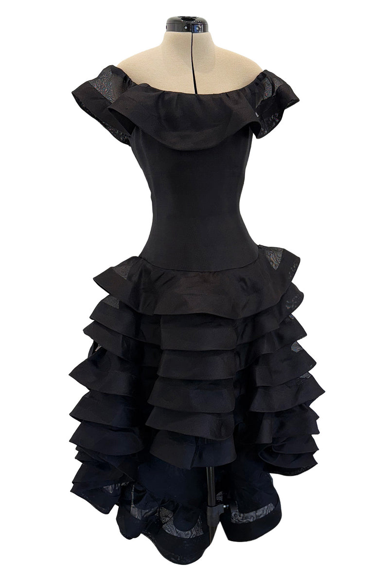 Gorgeous Spring 1992 Oscar de la Renta Runway Black Silk Organza Net Ruffled Off Shoulder Dress
