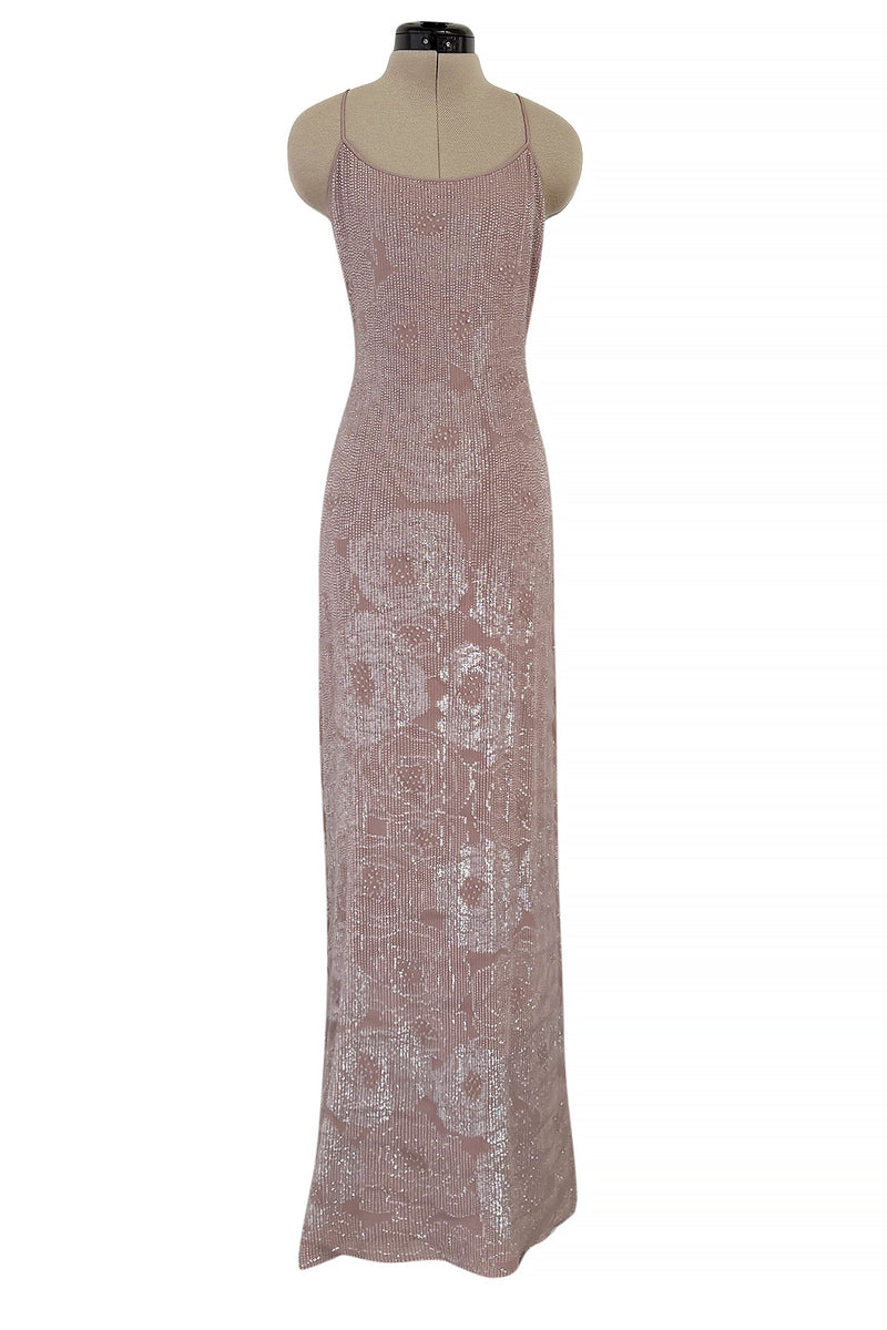 Exceptional Spring 1999 Giorgio Armani Runway Palest Ballet Nude Pink Floral Sequin Dress