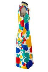 Happiest 1960s James Galanos Bright Floral Print Silk Dress w Pleated Skirt & Rounded Collar