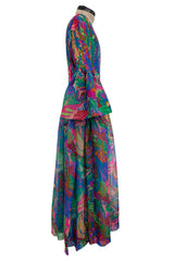Important 1971 Pierre Cardin Couture Silk Organza Bell Sleeve Dress w Flat Pleated Bodice & Sleeves
