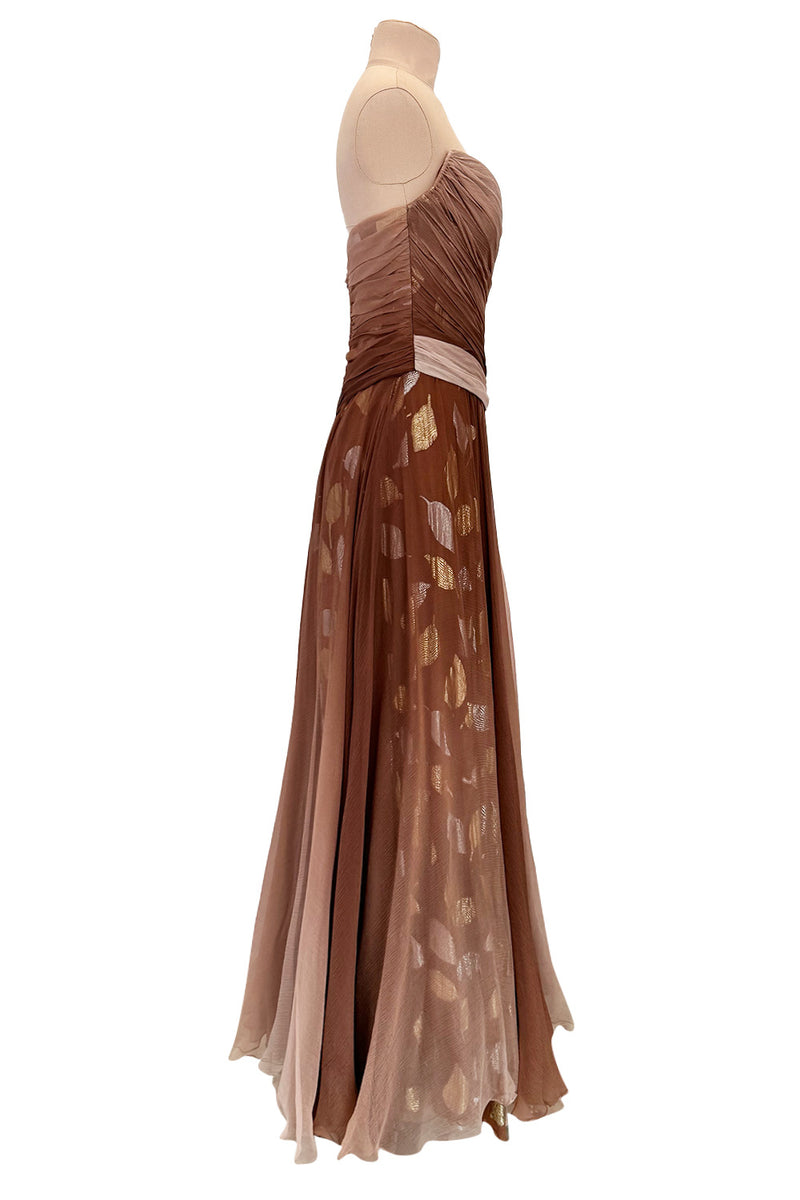 Dreamiest Fall 1989 Bob Mackie Runway Silk Chiffon w Metallic Leaf Print Underlay Strapless Dress