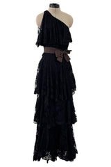 Incredible 1960s Donald Brooks Black Lace Tiered One Shoulder Jumpsuit w Wide Legs & Belt