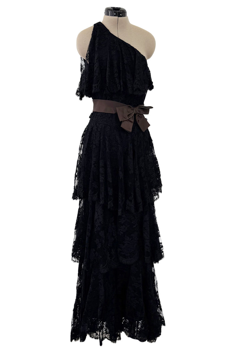 Incredible 1960s Donald Brooks Black Lace Tiered One Shoulder Jumpsuit w Wide Legs & Belt