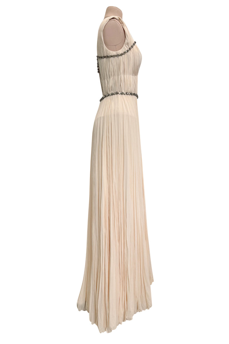 Incredible Fall 2007 Roberto Cavalli Ivory Pleated Silk Jersey Dress w Front Plunge & Rhinestones