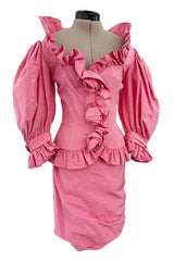 Phenomenal Spring 1988 Jean Louis Scherrer Haute Couture Pink Ruffle Suit w Balloon Sleeves