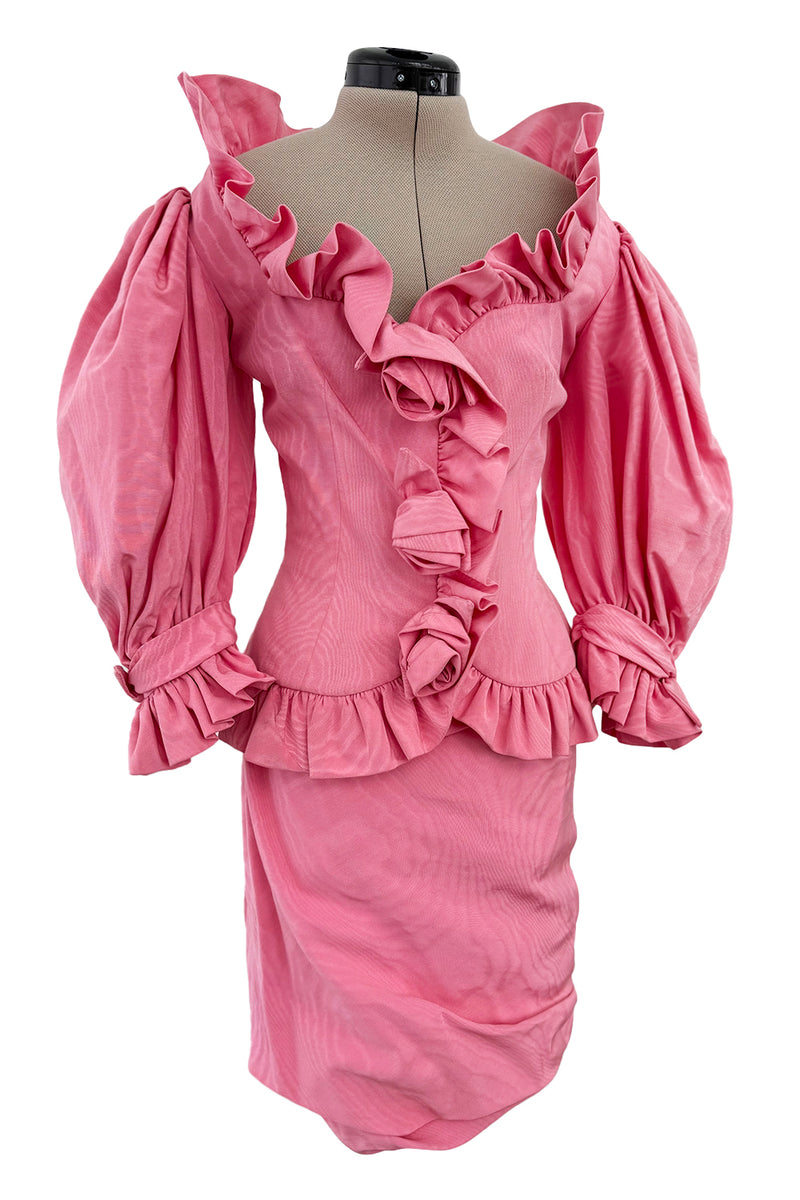 Phenomenal Spring 1988 Jean Louis Scherrer Haute Couture Pink Ruffle Suit w Balloon Sleeves