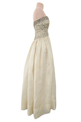 Exceptional 1959 Balenciaga Haute Couture Strapless Ivory Silk Chiffon w Metallic Embroidery