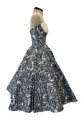 Amazing 1950s Fred Perlberg Hand Painted Silver & Gray Strapless Dress w Pleated Shelf Bust
