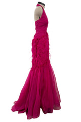 1990s Thierry Mugler Pink Silk Organza Halter Dress w Full Lower Skirts & Sequin Detailing