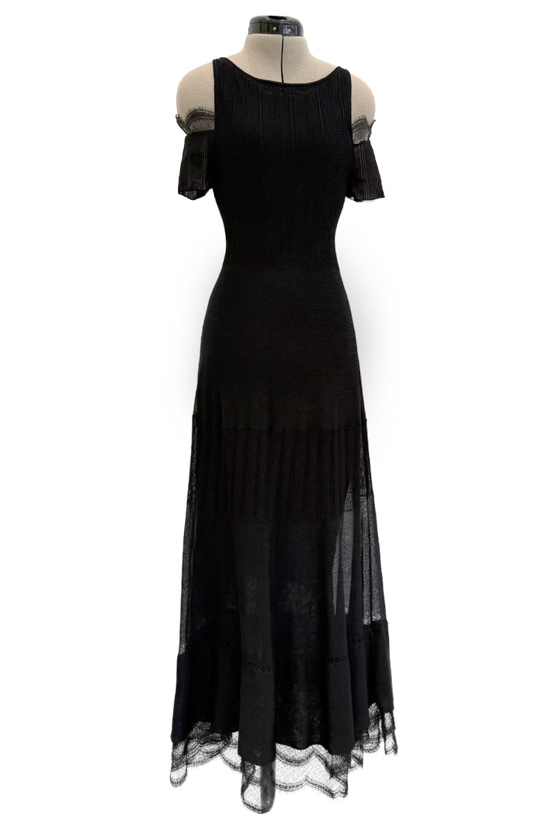Chic Cruise 2007 Chanel by Karl Lagerfeld Black Knit & Lace Detailed Dress  w Little Attached Mini Sleeves