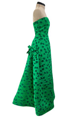 1980s Arnold Scaasi Brillaint Emerald Green Strapless Dress w Woven Heart Print & Bows