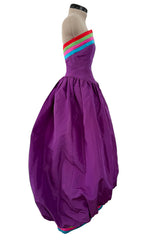 Fall 1982 Valentino by the Original Mr Valentino Purple Silk Strapless BubbleDress w Rainbow Detailing