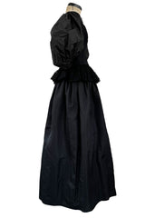 Romantic 1980s Oscar de la Renta Backless Black Silk & Lace Dress w Killer Pouf Sleeves