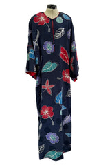 Easy-to-Wear 1980s Hanae Mori Printed Leaf & Flower Blue Silk Caftan Dress w Wide Sleeves