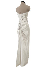 Minimalist 1990s Givenchy Silver Undertone Ivory Strapless Silk Dress w Back Gathering & Shawl