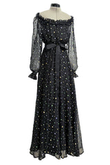 Prettiest 1970s Louis Feraud Black Chiffon Ruffled Dress w Multi Coloured Embroidered Dots
