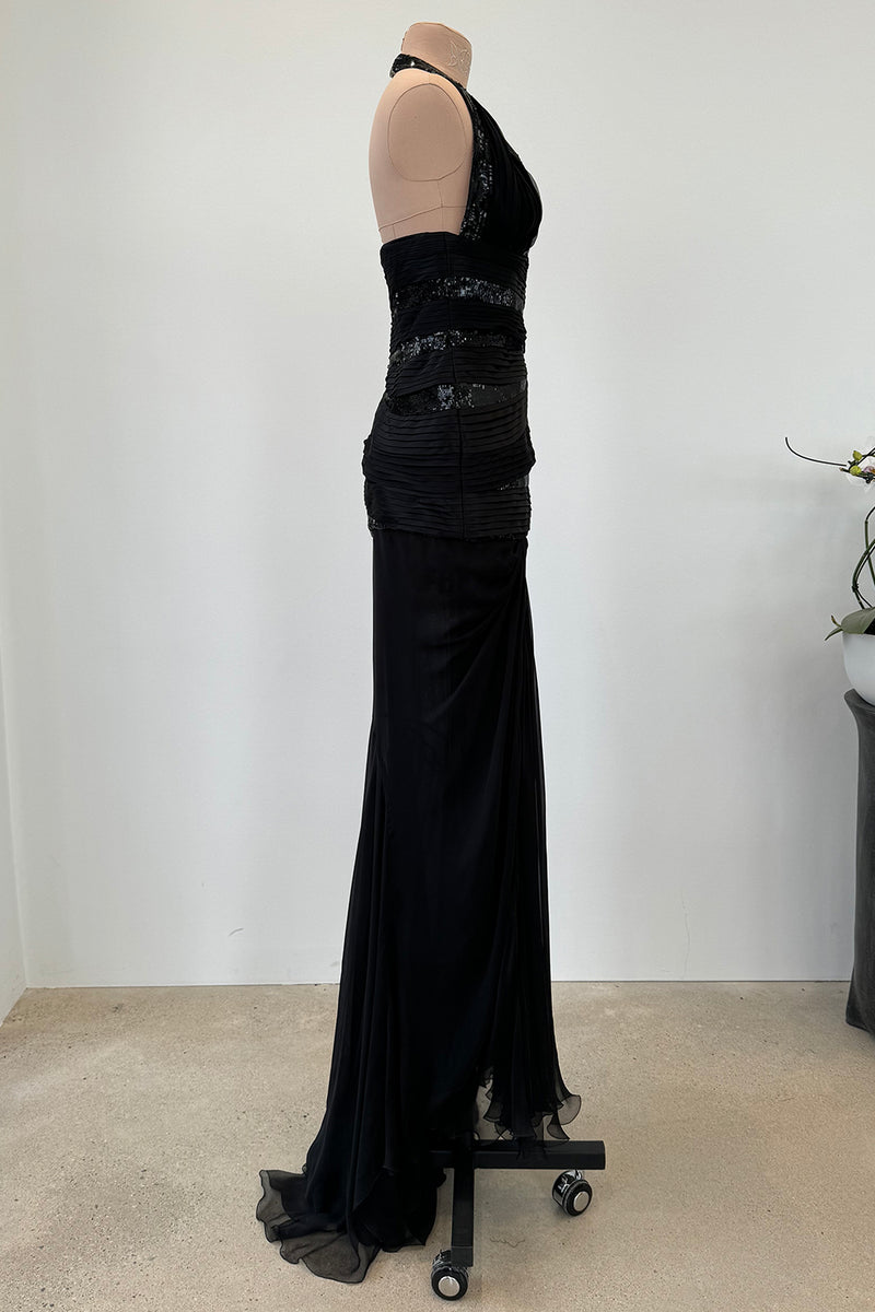 Versace Fall 2006 Black Silk & Sequin Plunge Dress - 14-14.5" W