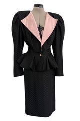 Fantastic Spring 1984 Emanuel Ungaro Haute Couture Black Stripe Jacket & Skirt Suit + Pink Camisole