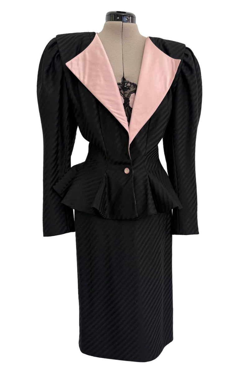 Fantastic Spring 1984 Emanuel Ungaro Haute Couture Black Stripe Jacket & Skirt Suit + Pink Camisole
