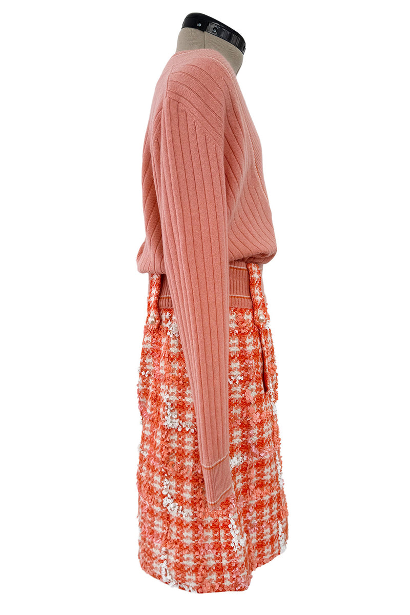 Phenomenal Spring 2001 Chanel by Karl Lagerfeld Runway Cashmere & Sequin Top & Skirt Set