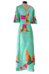 Prettiest 1970s Hanae Mori Green & Tropical Bird Printed Caftan Dress w Curved Sleeves