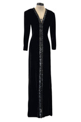 Fall 1998 Yves Saint Laurent Runway Black Velvet Dress w Elaborate Black Sequin Detailing
