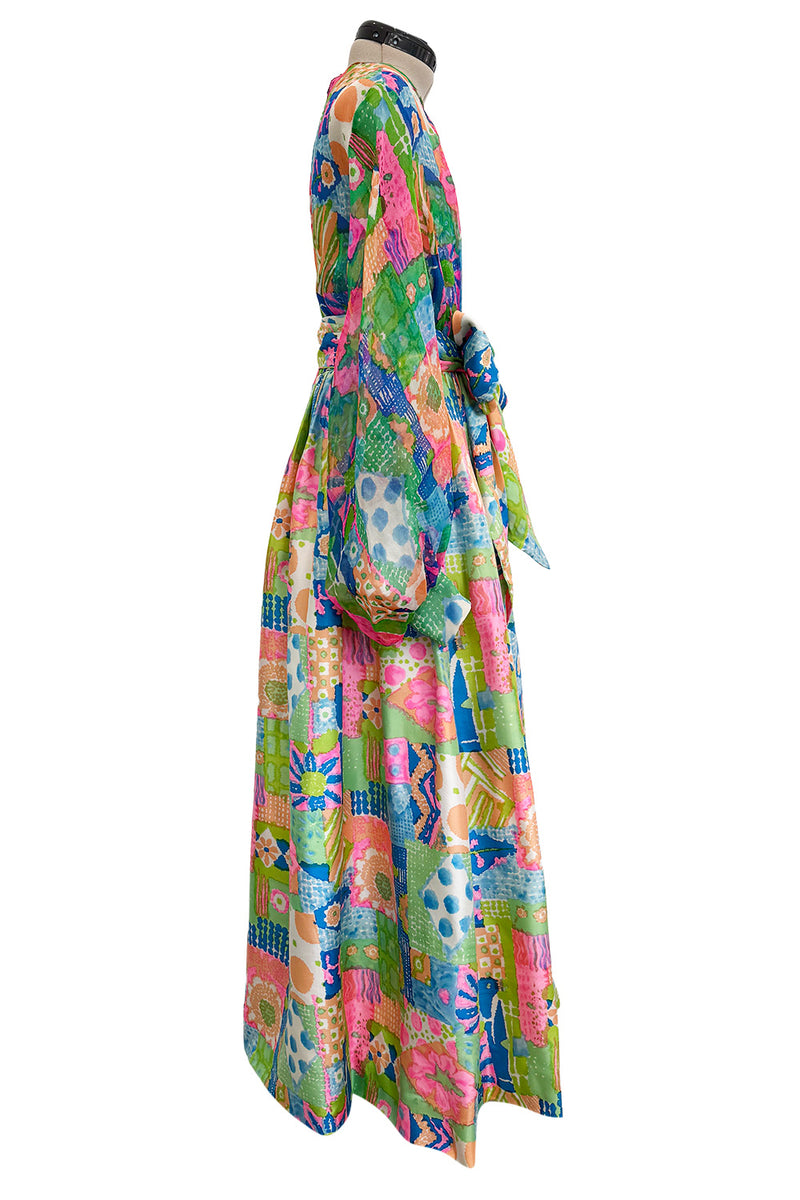 Fantastic Spring 1969 Kiki Hart Multi Colour Floral & Pattern Silk & SIlk Organza Dress w Balloon Sleeves