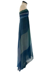 Spring 1990 Oscar De La Renta Ocean Blues Silk Chiffon Strapless Dress w Gathered Bodice