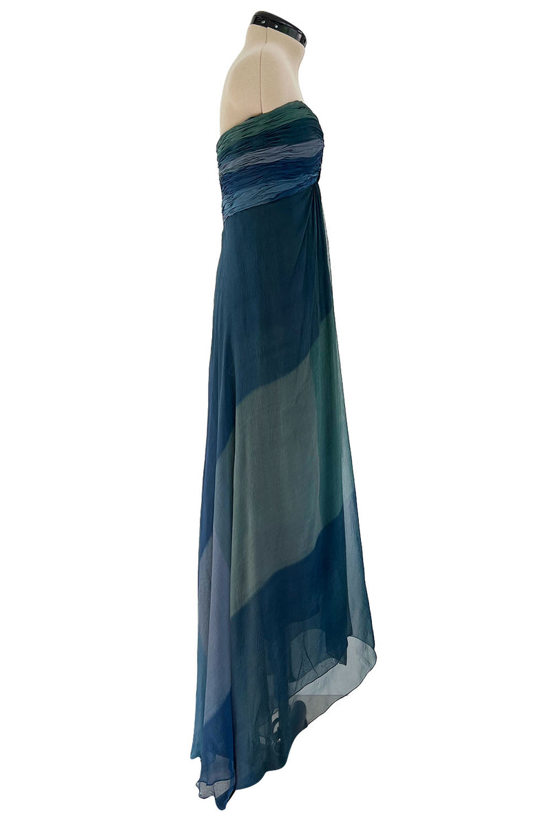 Spring 1990 Oscar De La Renta Ocean Blues Silk Chiffon Strapless Dress w Gathered Bodice
