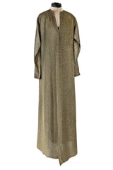 Chic 1970s Halston Deep Metallic Gold Lame Lurex Full Length Caftan Dress w Notched Neckline