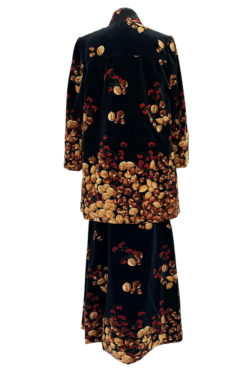 Incredible c. 1972 Original Valentino Three Piece Acorn Print Silk Top, Velvet Skirt & Jacket Set