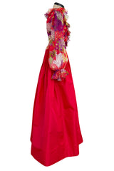 Incredible 1972 Yves Saint Laurent Red Floral Silk Chiffon & Red Silk Dress w Balloon Sleeves & Pleat Detailing