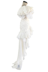Spring 1988 Emanuel Ungaro Haute Couture Ivory Silk, Silk Net & Dotted Tulle One Shoulder Trained Mini Dress