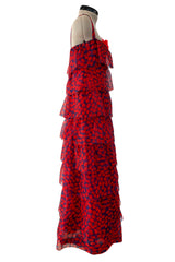 Gorgeous 1970s Givenchy Blue & Red Dot Tiered Silk Organza Ruffle Dress