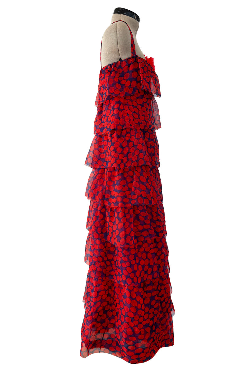 Gorgeous 1970s Givenchy Blue & Red Dot Tiered Silk Organza Ruffle Dress